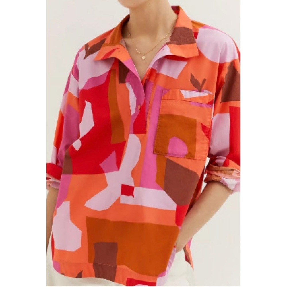 Anthropologie Maeve Breezy Popover Blouse S Cotton Long Slv Geometric Red Pink - Picture 2 of 13